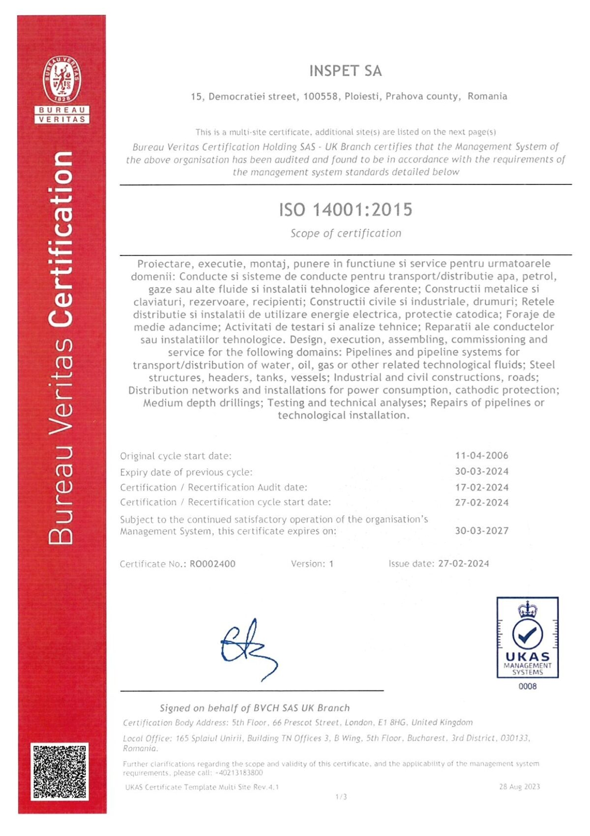 Certificări ISO și management integrat INSPET pentru proiecte de infrastructură strategică / INSPET ISO certifications and integrated management for strategic infrastructure projects